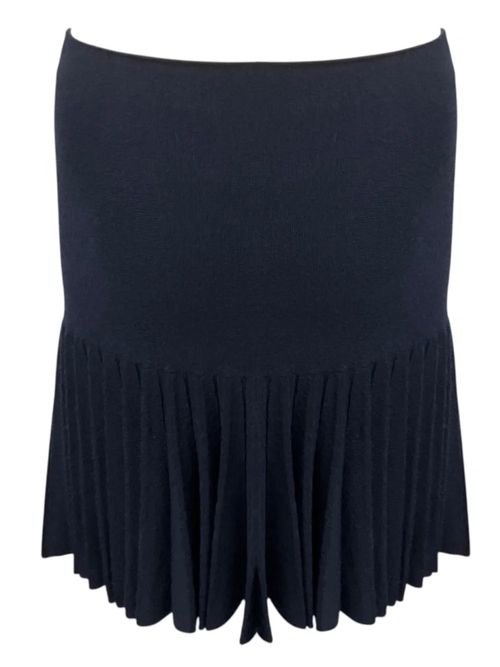 CHANEL NAVY BLUE PLEATED WOOL AND CASHMERE KNIT SKIRT WITH CC LOGO GLOBE PLATE